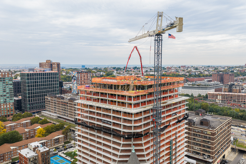 The Lucy residential tower tops out in Jersey City, with 444 apartments planned